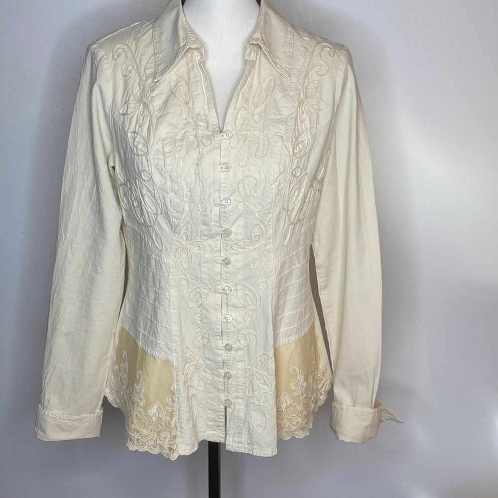 G. Designs Blouse Top Shirt Beige Collared Long Sleeves Embroidered Blouse Shirt